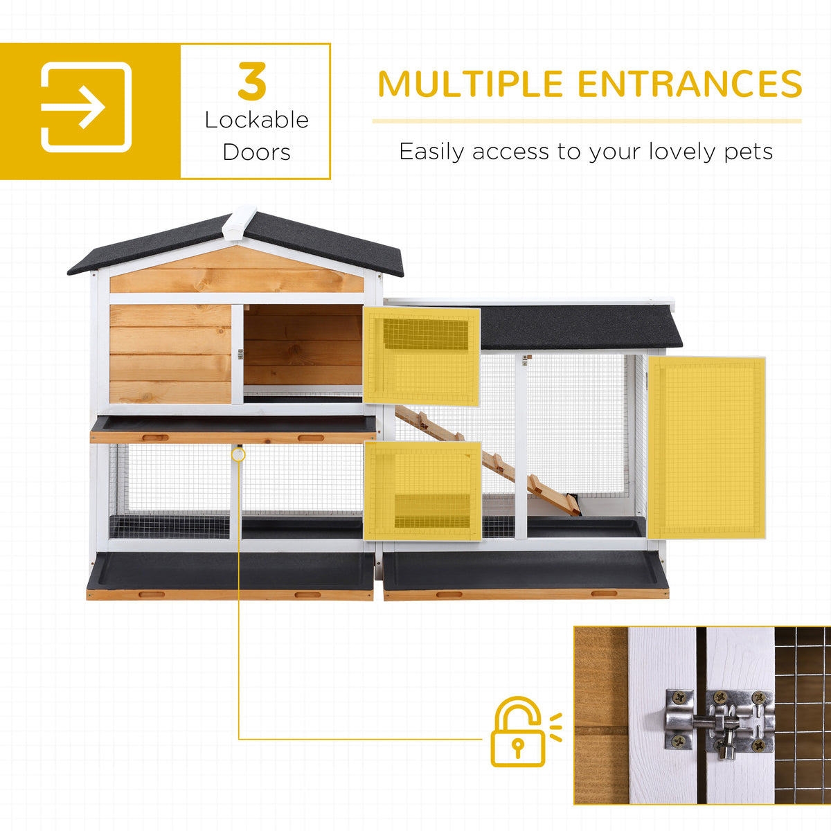 2 Tier Rabbit Hutch with No-leak Plastic Trays Wooden Guinea Pig Hutch with Run, Yellow