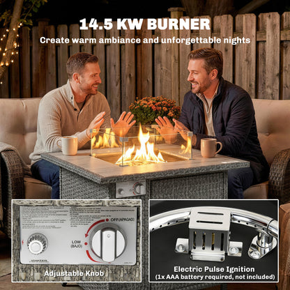 14.5 KW Rattan Gas Fire Pit Dining Table with Rain Cover, Wind Guard, Lid, Lava Rocks