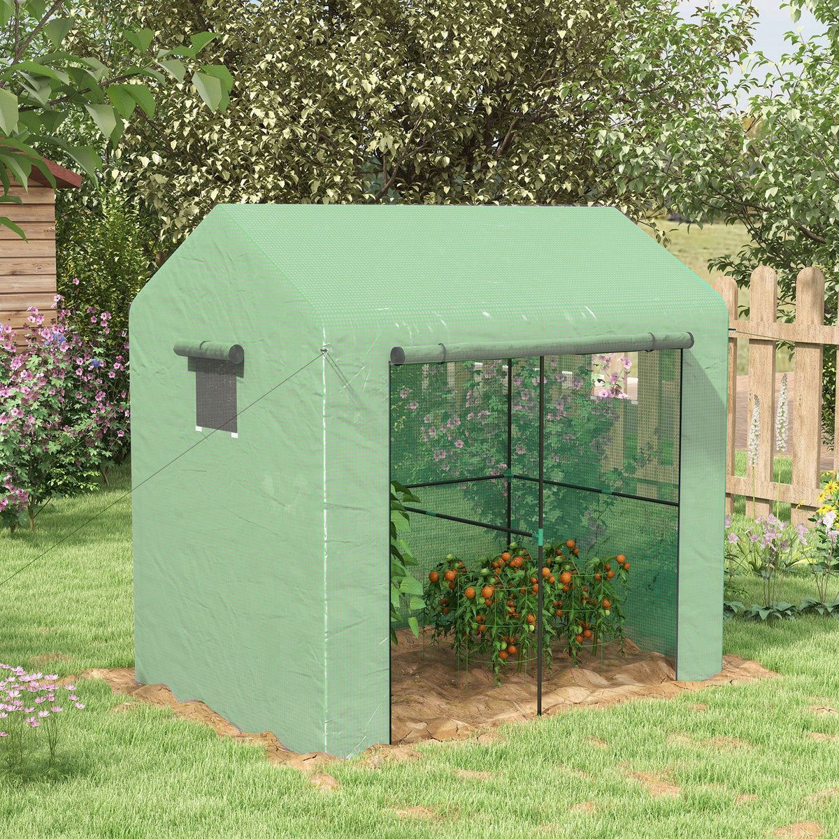 Greenhouse, Walk-in Garden Grow House with Roll-up Door and Mesh Windows, 200 x 140 x 200cm