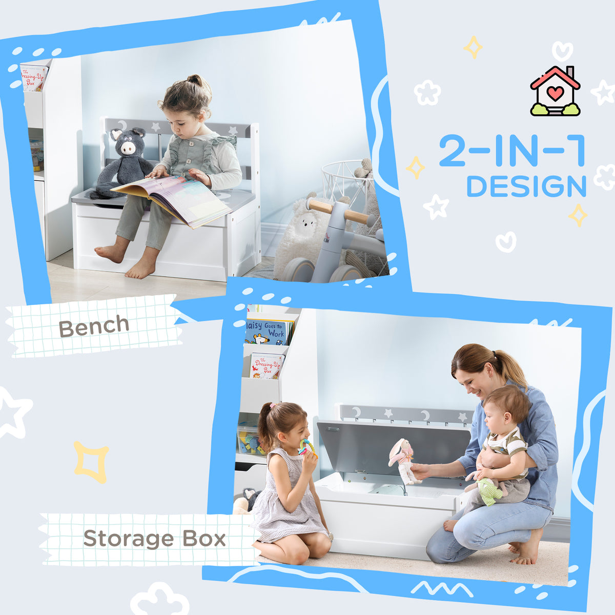 2 In 1 Kids Storage Bench, Toy Box w/ Safety Rod - Grey