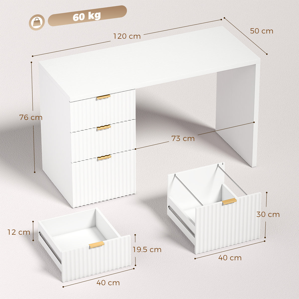 Computer Desk with 3 Drawers Reversible Home Office Desk 120 cm, White