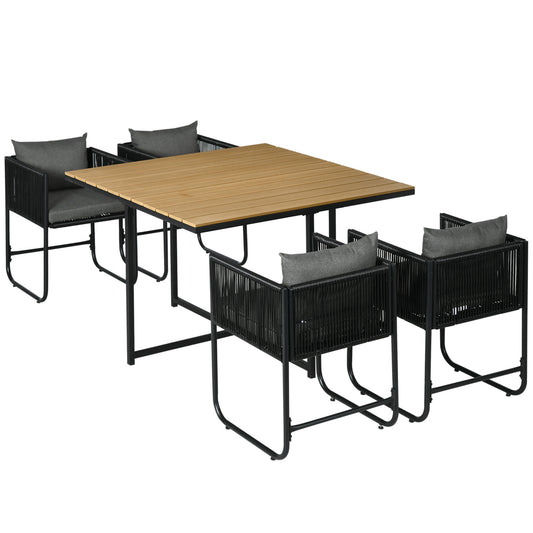 4 Seater Rattan Cube Garden Furniture Set, Rattan Dining Set with Cushions, Outdoor Dining Table and Chairs with Rectangular Wood Grain Plastic Top Table for Patio, Balcony