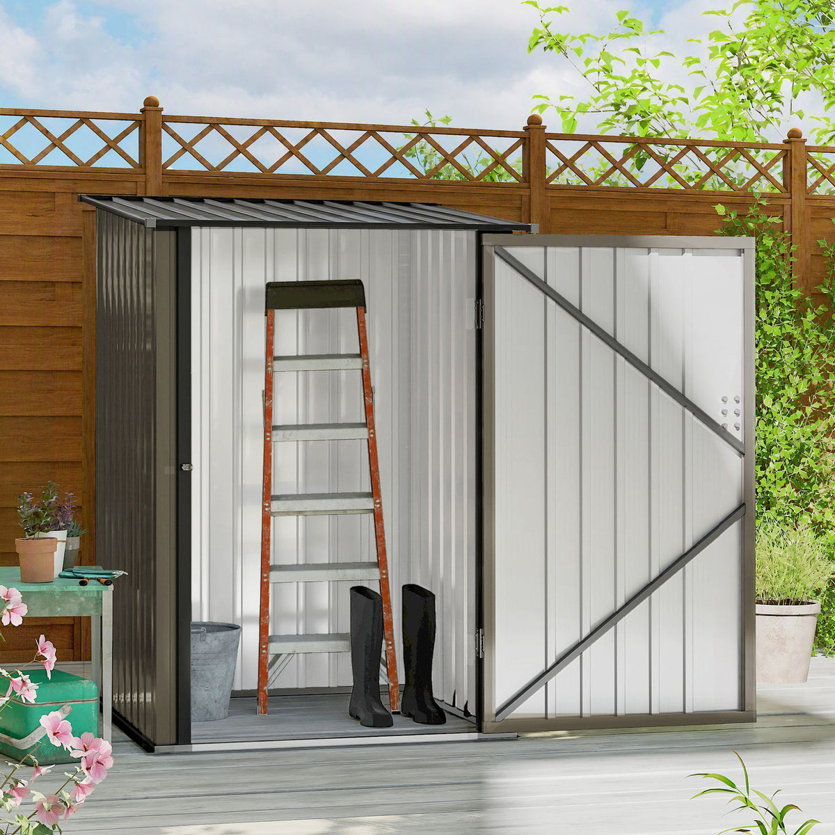 3.3 x 3.4ft Lean To Steel Garden Shed, with Locking Door - Brown