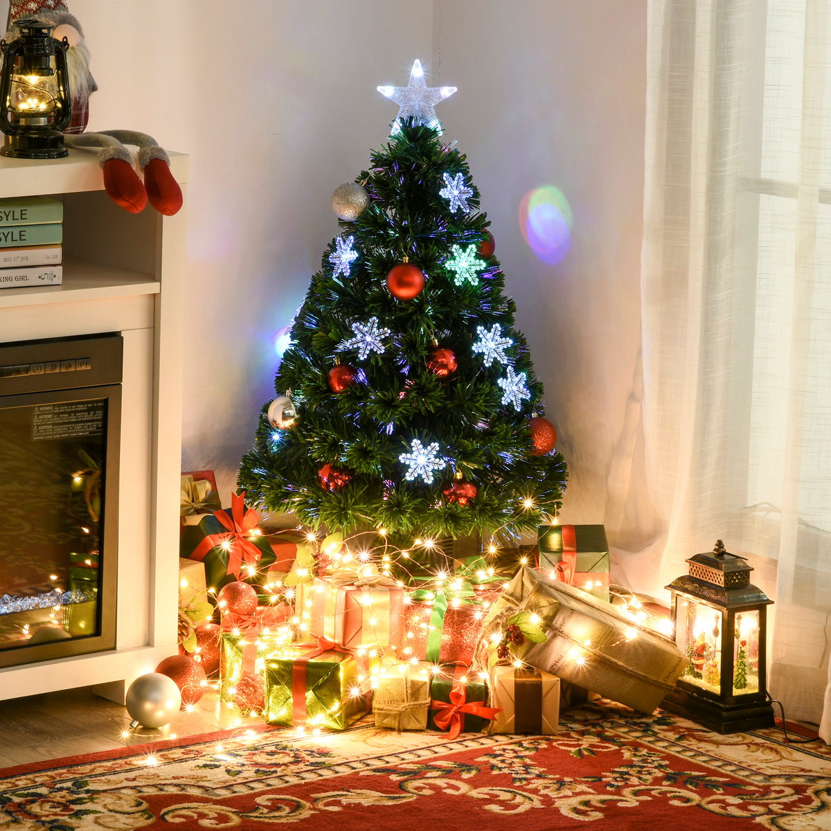 3FT Green Fibre Optic Artificial Christmas Tree Xmas Colourful LED Scattered Tree with Snowflakes Ornaments Fireproofing