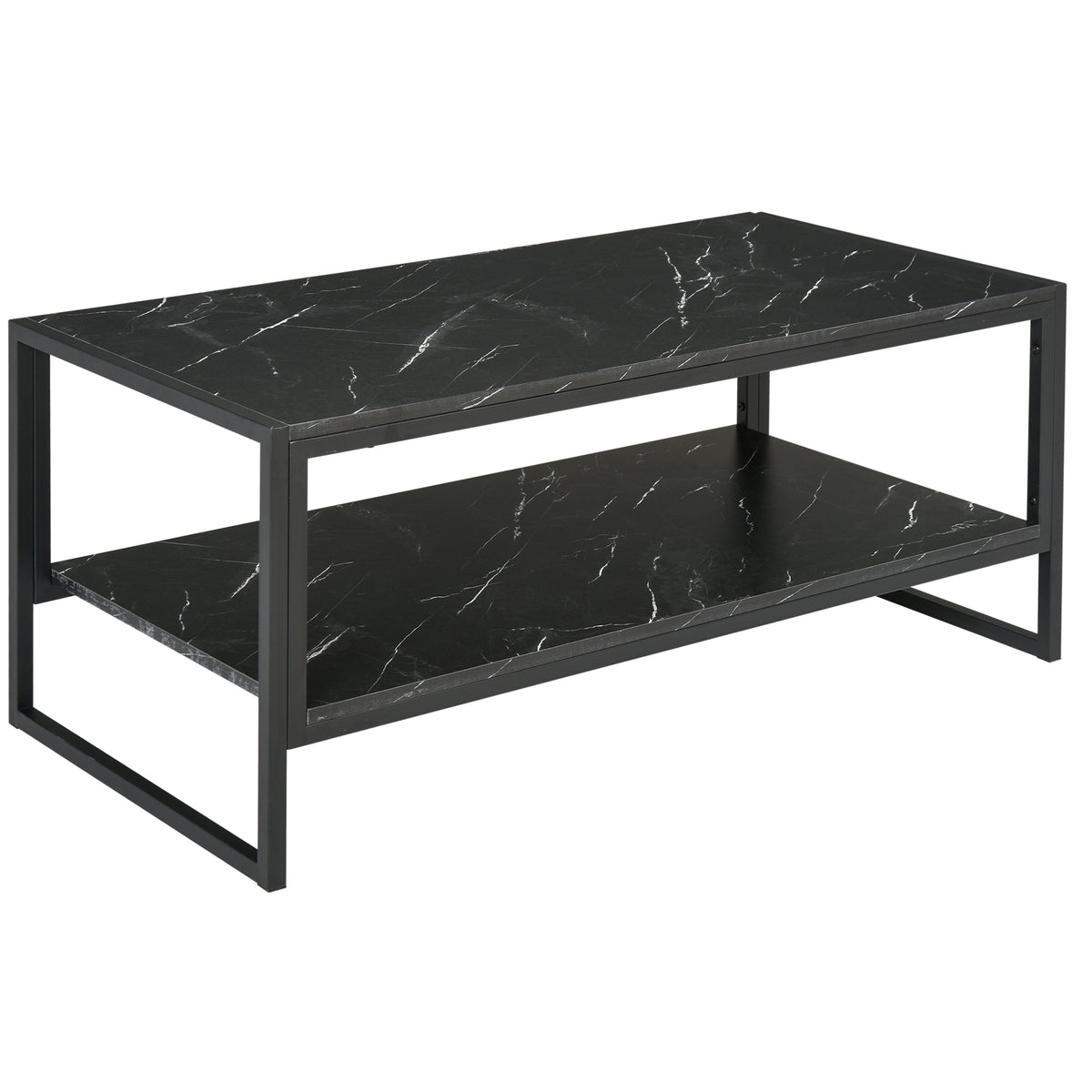 Coffee Table, Two-Tier Faux Marble Effect Centre Table with Metal Frame and Storage Shelf for Living Room, 106 x 50 x 45cm, Black
