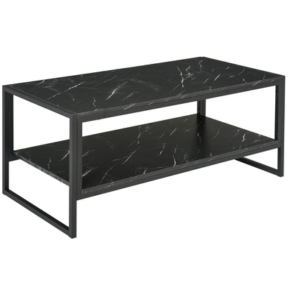 Coffee Table, Two-Tier Faux Marble Effect Centre Table with Metal Frame and Storage Shelf for Living Room, 106 x 50 x 45cm, Black