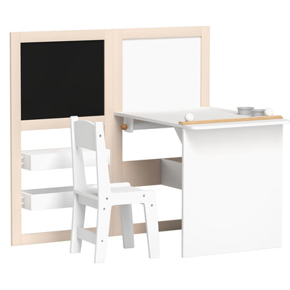3 in 1 Kids Table and Chair Set with Storage, Whiteboard, Blackboard & Roll Paper for 3-8 Years, White