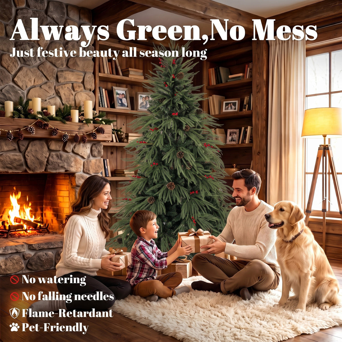 6ft Artificial Christmas Tree with Pinecones, Red Berries, Hinged Predecorated Xmas Tree with 2843 Branch Tips