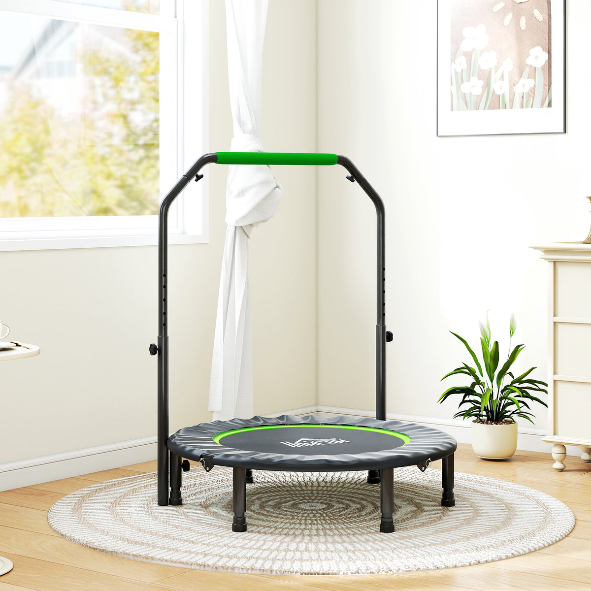 40" Foldable Mini Fitness Trampoline, with Adjustable Foam Handle, Green