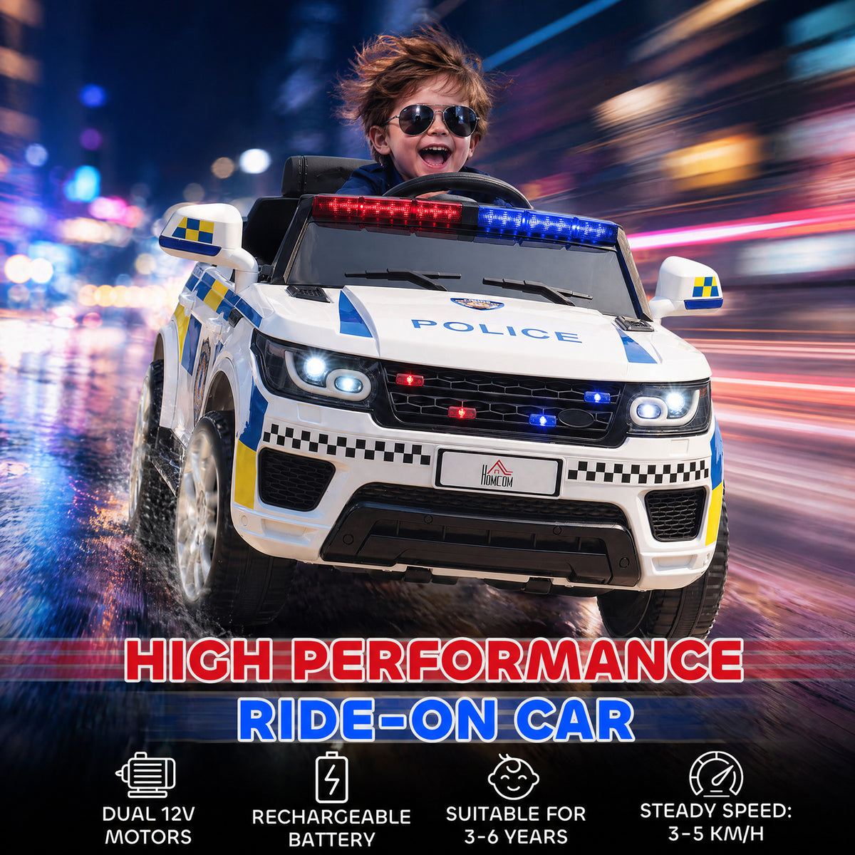 Ride on Police Kids Car 12V Electric Car for 3-6 Years with Remote Control Siren Flashing Lights Suspension, White