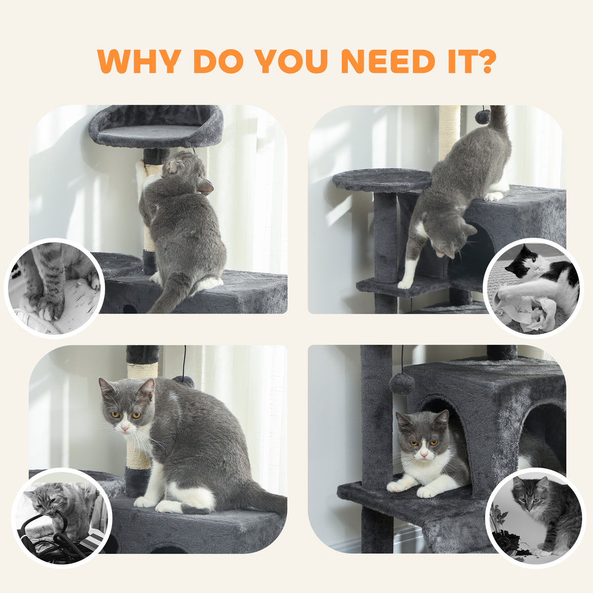 140cm Large Cat Tree Tower with Sisal Scratching Posts, Cat Houses, Plush Perches, Hammock, Ladder, Dark Grey