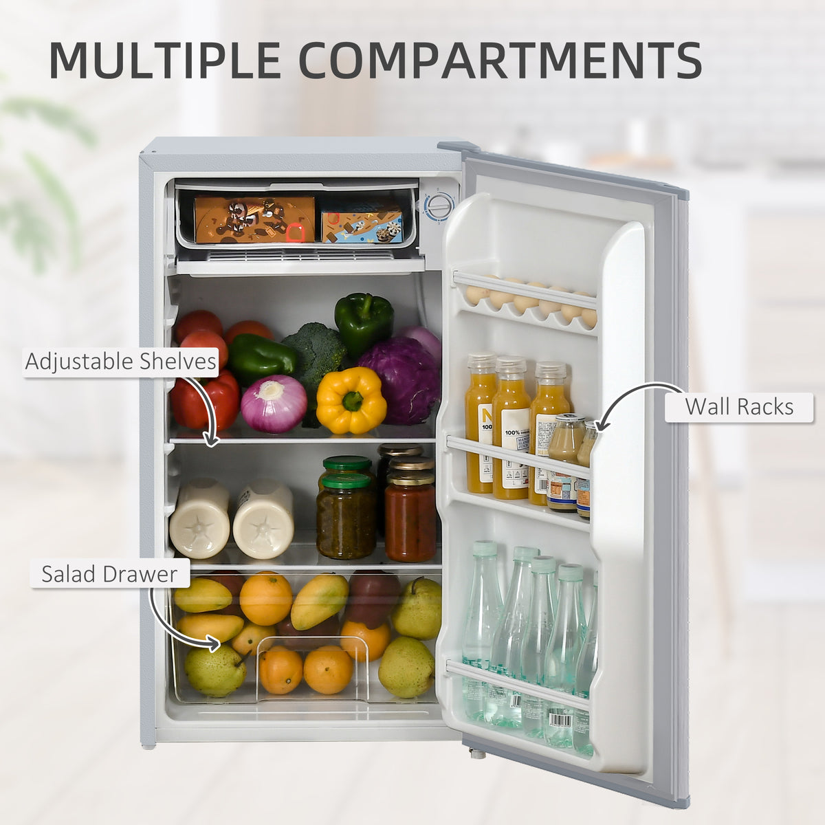 91 Litre Freestanding Under Counter Fridge Freezer, Small Fridge with Chiller Box, Adjustable Thermostat, 47.5cm Wide, Grey