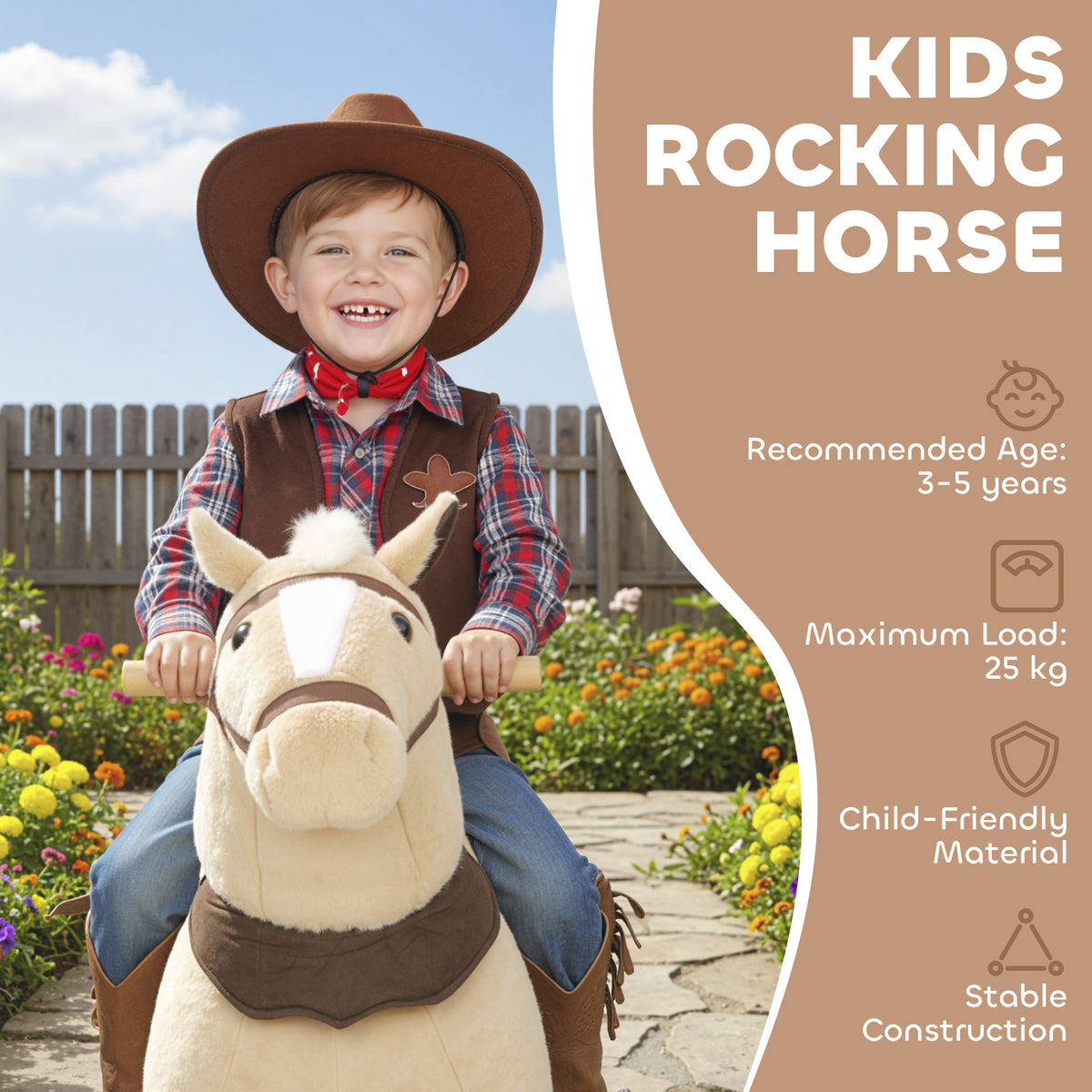 Rocking Horse, Plush Ride On Horse with Rolling Wheels & Saddle, Ride On Pony Toy for Kids 3-5 Years, Up to 25kg, Brown