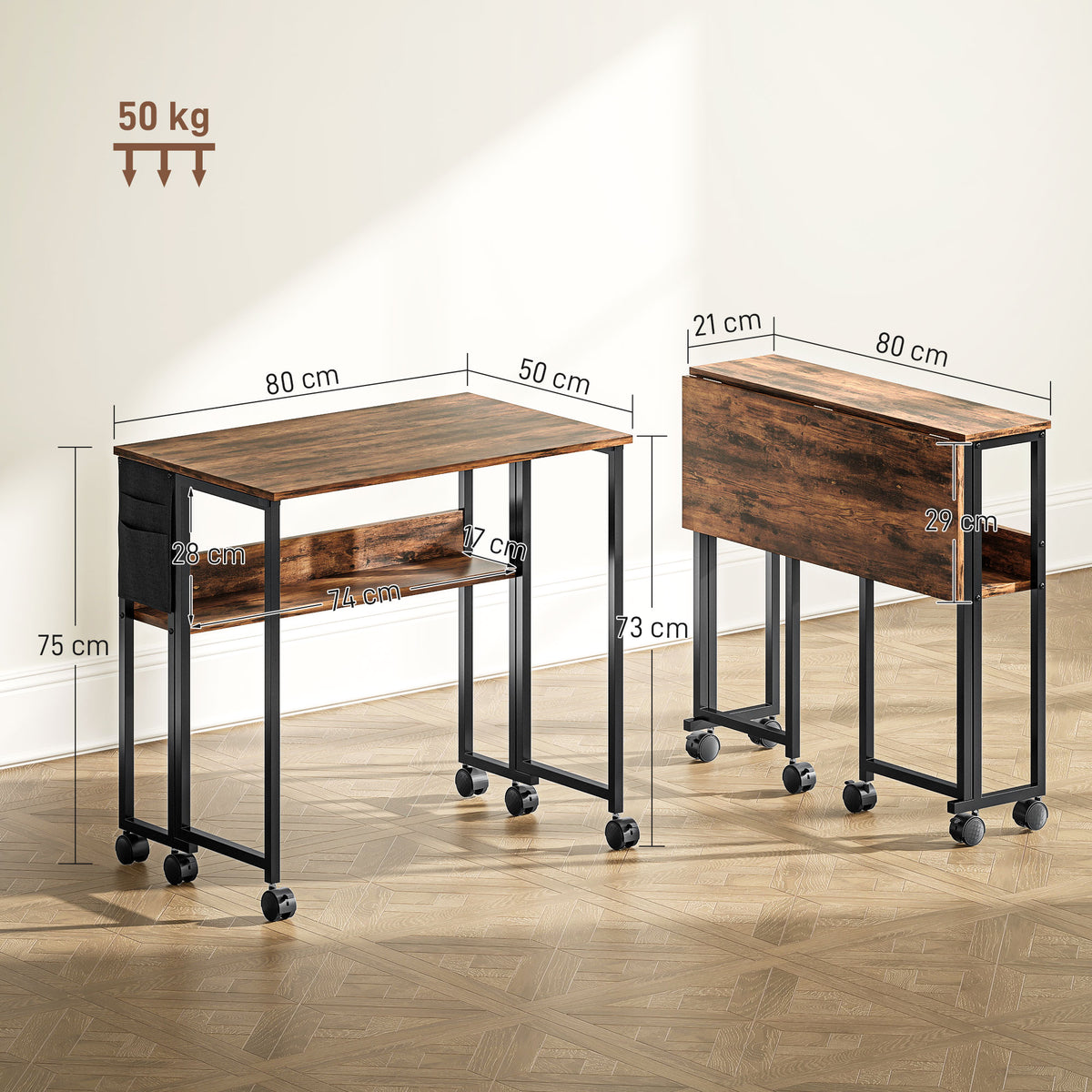 80 cm Drop Leaf Writing Work Desk - Rustic Brown