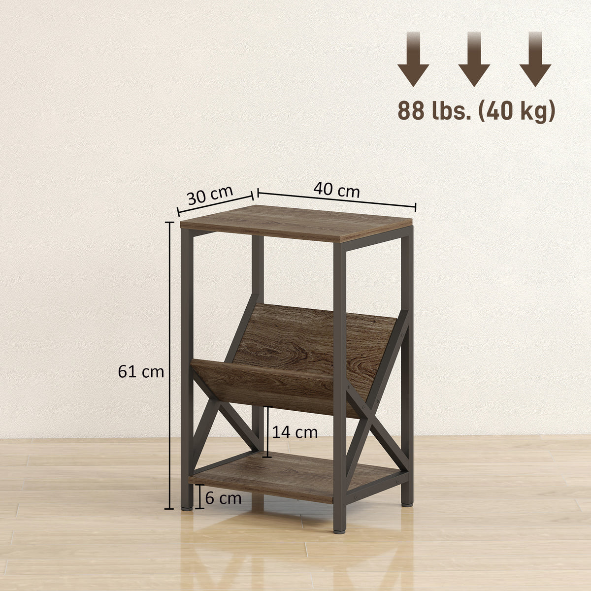 Narrow Side Table, End Table with 3-Tier Storage, V-Shaped Magazine Holder for Living Room, Bedroom, 40 x 30 x 61cm, Oak