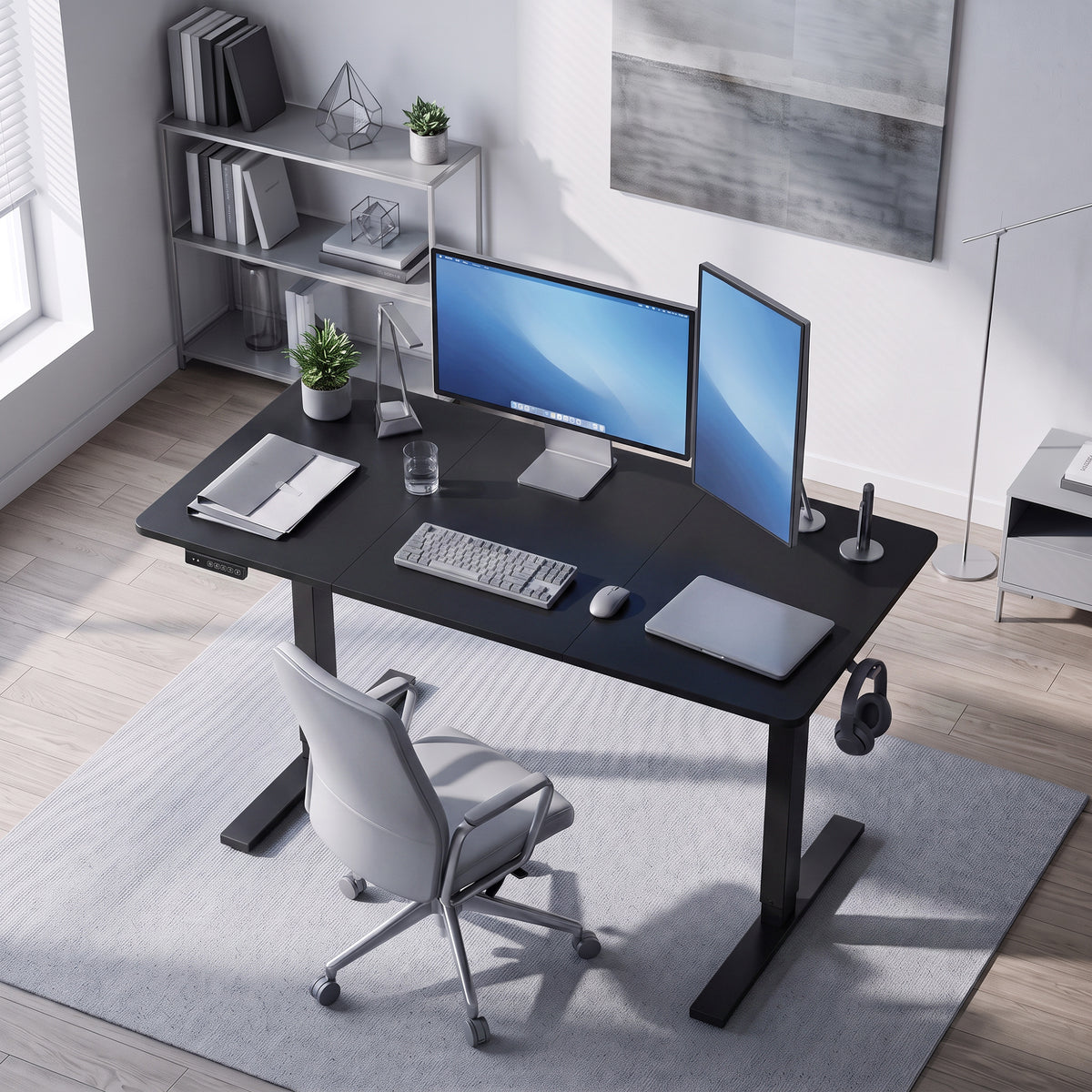 Standing Desk Memory Control Height Adjustable Desk 2 Cable Holes LED Display Sit Stand Desk Black