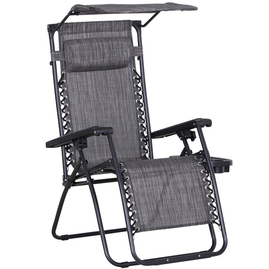Foldable Reclining Garden Chair with Headrest, Zero Gravity Deck Sun Lounger Seat Chair with Footrest, Armrest, Cup Holder & Canopy Shade