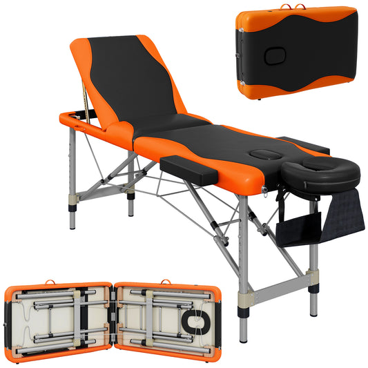 Foldable Massage Bed Portable Table, 3-Section Aluminium Foldable Beauty Couch, Professional Salon Spa Table with Headrest Support, 60 cm Width, Black and Orange