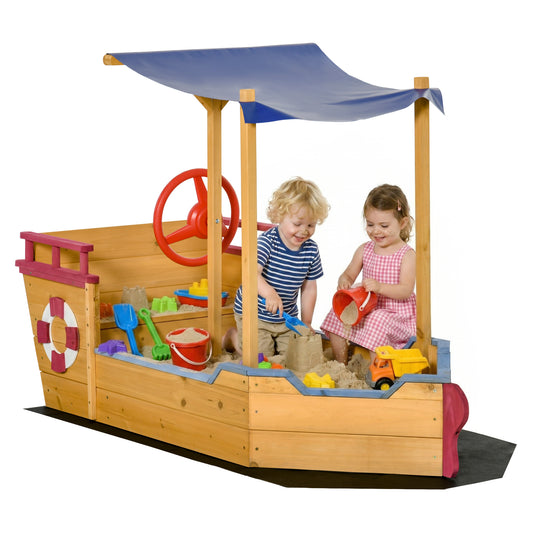 Sand Pit, Kids Wooden Sandbox Pirate Ship, Sandboat Play Station with Canopy Shade, Storage Bench and Bottom Liner for Outdoor Garden