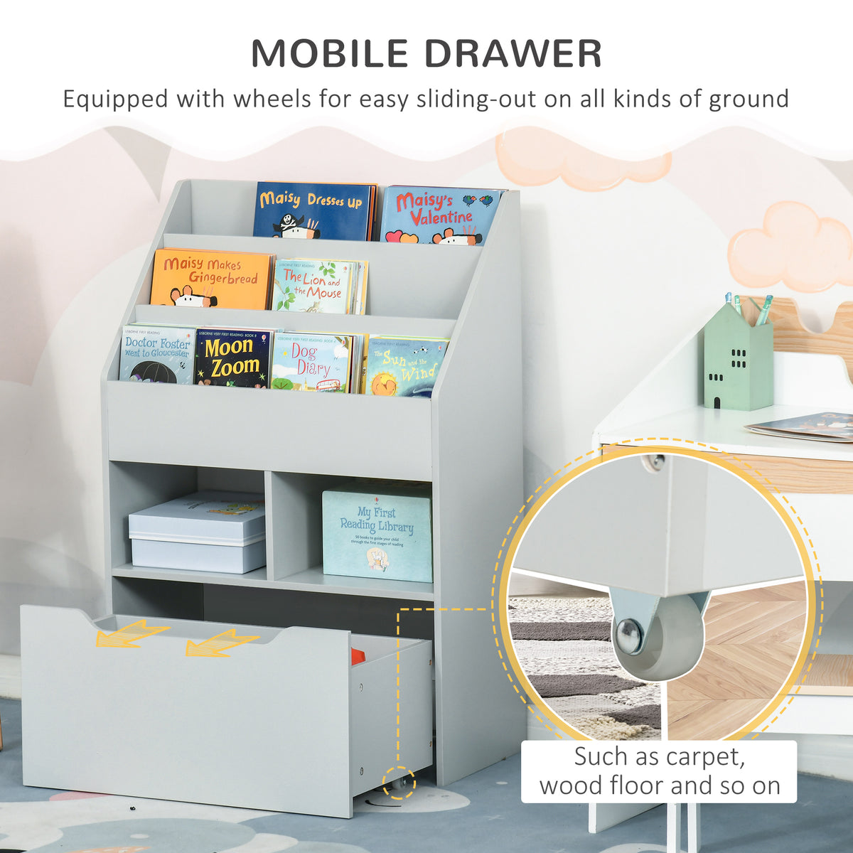 Kids Bookshelf, Toy Organiser, with Storage Drawer, Wheels