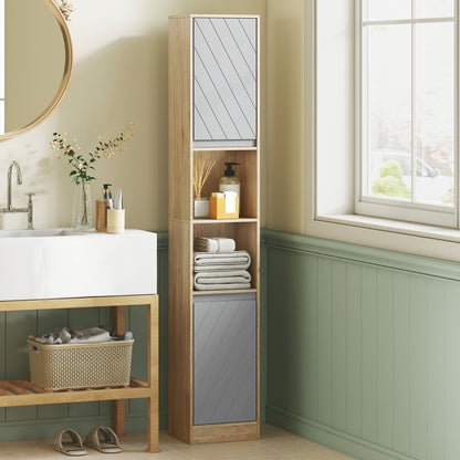 Narrow Bathroom Cabinet, Slim Bathroom Storage Unit with Open Compartment, Freestanding Storage Cupboard with Adjustable Shelves for Small Spaces, 30 x 24 x 170 cm