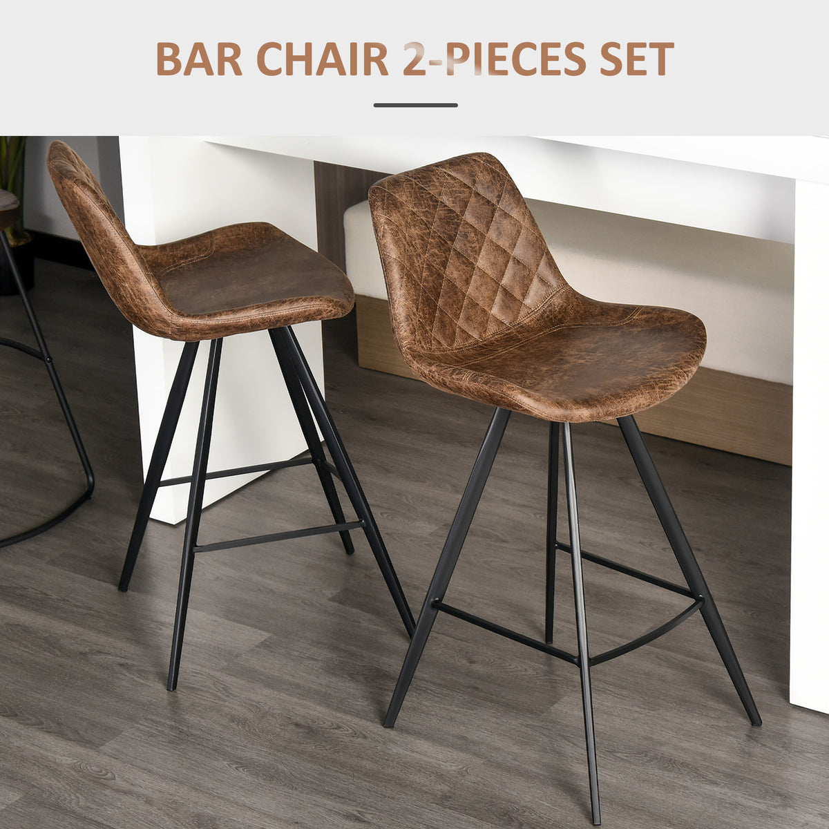 Set Of 2 Bar Stools Vintage Microfiber Cloth Tub Seats Padded Comfortable Steel Frame Footrest Quilted Home Bar Cafe Kitchen Chair Brown