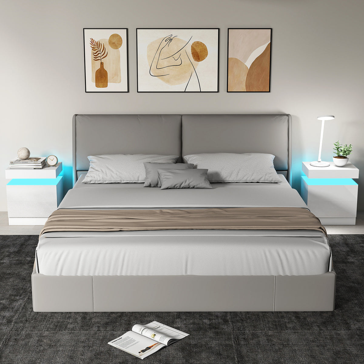 White Bedside Table with LED Light, High Gloss Front Nightstand with 2 Drawers, for Living Room, Bedroom, Set of 2