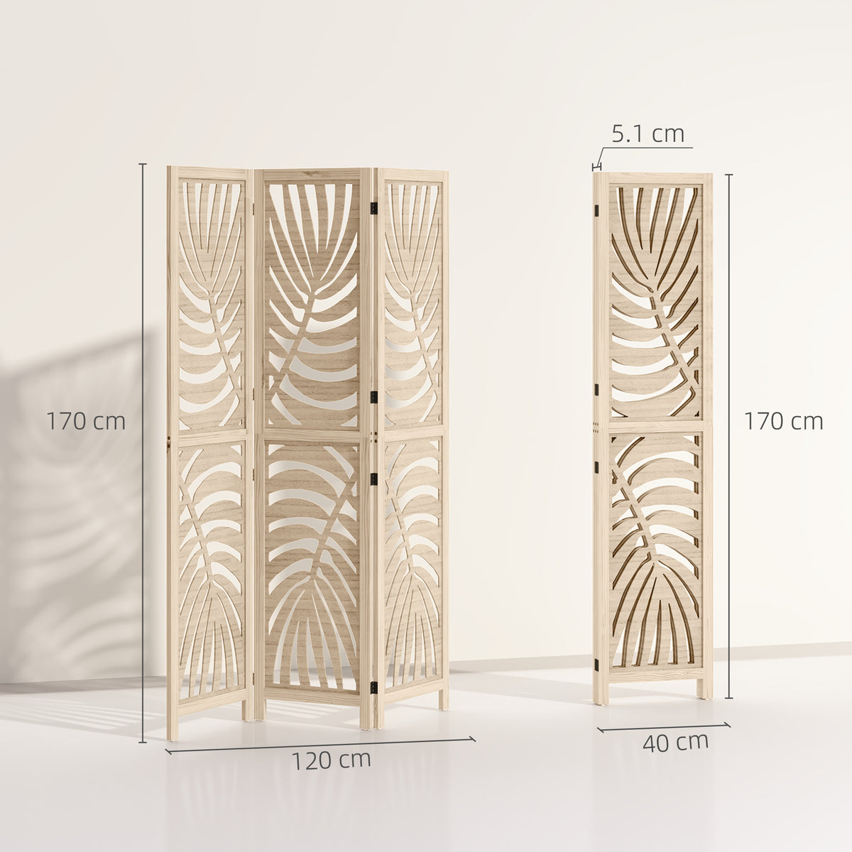 3 Panel Room Divider, Detachable Folding Privacy Screens with Palm Leaf Design for Home Office, Natural Wood Finish