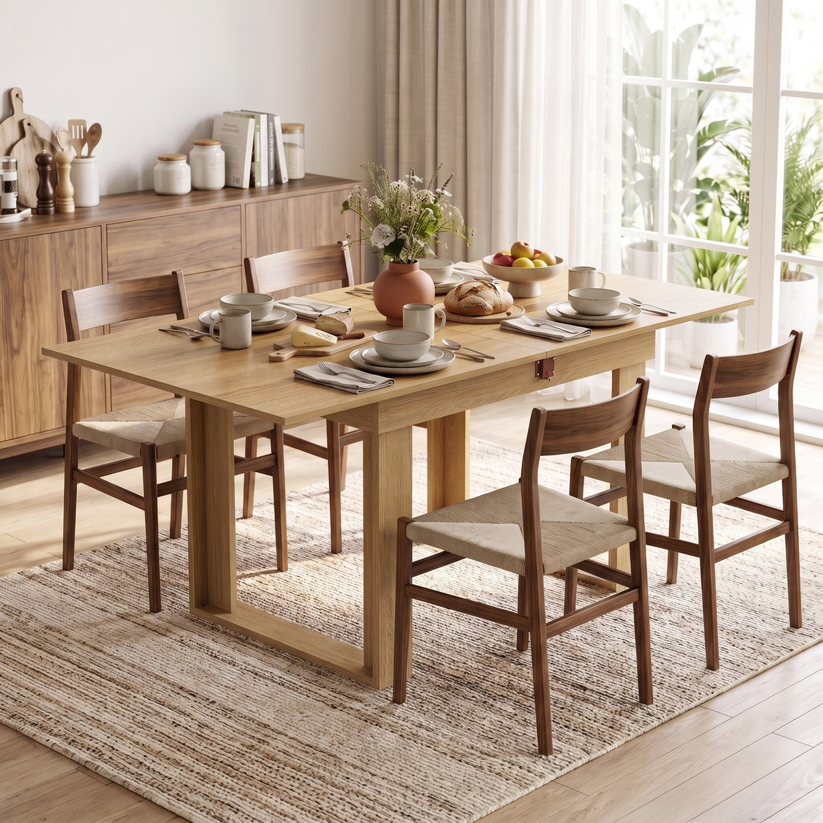 Folding Dining Table Under-Table Storage Extendable Kitchen Table Steel Rail Oak Effect