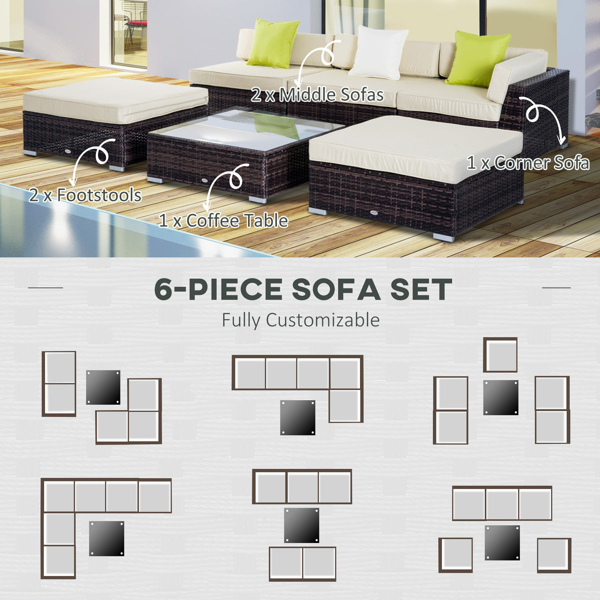 6 PC Rattan Sofa Coffee Table Set, Sectional Wicker Weave Furniture for Garden Outdoor Conservatory with Pillow Cushion