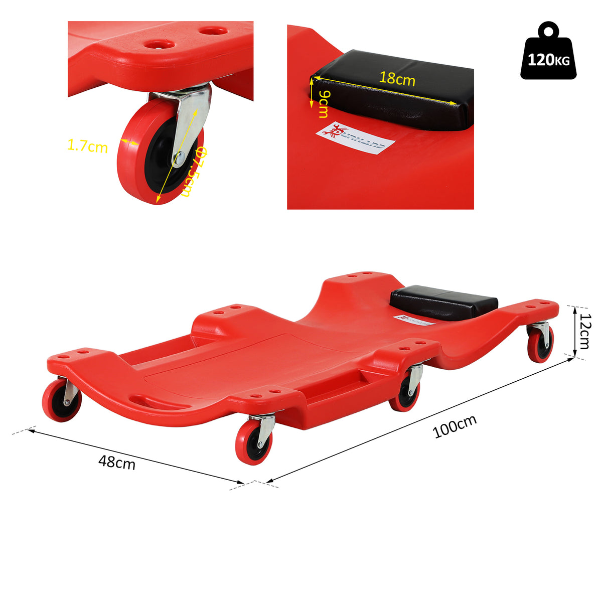 Mechanic Vehicle Creeper, Under-Car Rolling Crawler Board, with Headrest, Wheels, Red