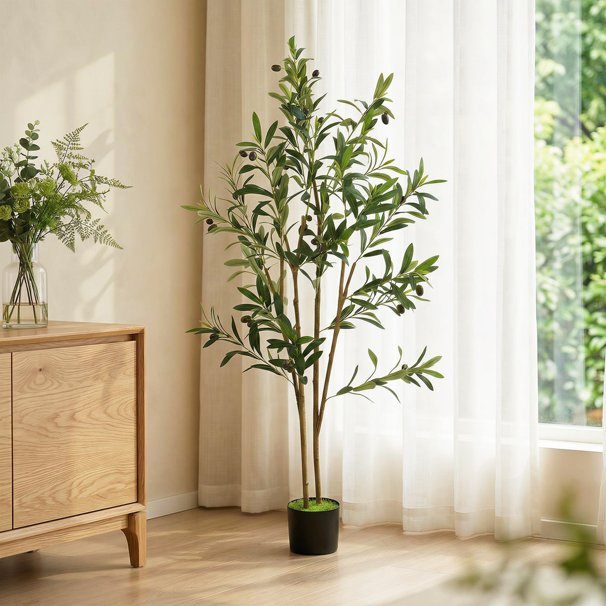 Decorative Artificial Plant, 120 cm Silk Olive Tree with 303 Leaves in Cement Pot, Fake Plant
