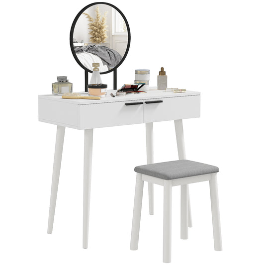 Modern Dressing Table with Round Mirror and Stool, Makeup Vanity Table with 2 Drawers for Bedroom, Living Room, 80 x 40 x 123 cm, White
