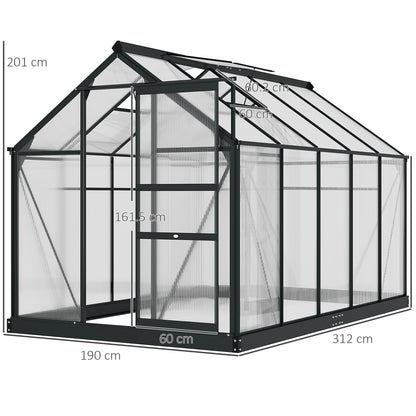 6 x 10ft Polycarbonate Greenhouse, Large Walk-In Green House with Slide Door and Window, Garden Plants Grow House with Aluminium Frame and Foundation, Grey