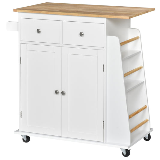 Kitchen Island on Wheels, Mobile Storage Trolley, Rolling Kitchen Cart with Rubber Wood Top, 2-Door Cabinets, 2 Drawers, Adjustable Shelf, 3-Tier Spice Rack, Drawers