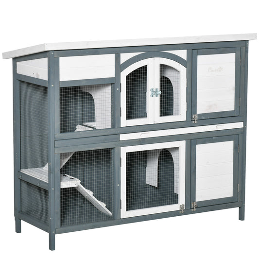 Rabbit Hutch Outdoor Guinea Pig Hutch 2 Tier Wooden Cage w/ Ramp, Divider, Openable Roof, 125 x 48 x 100cm