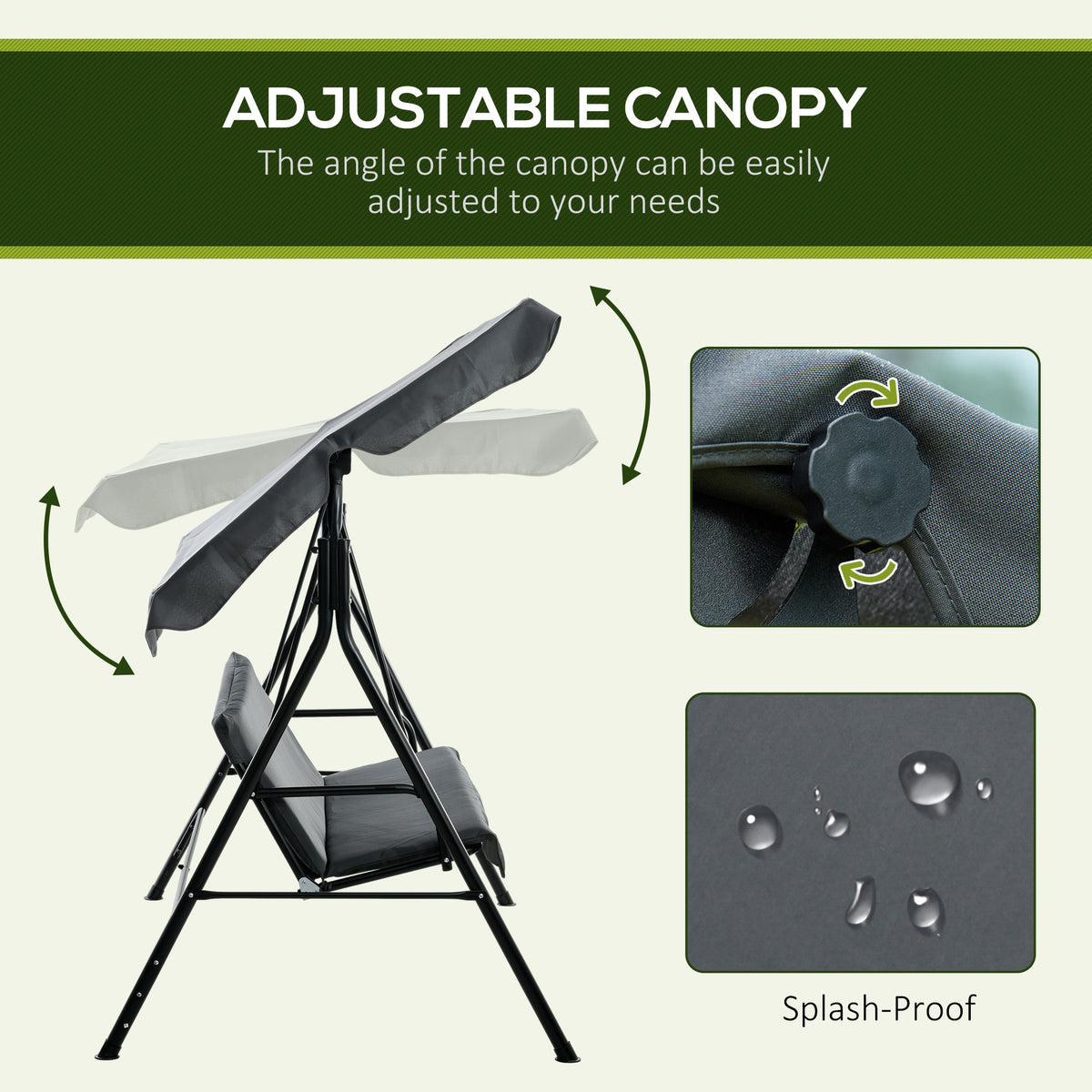 3 Seater Garden Swing Chair, Outdoor Swing Chair with Adjustable Canopy, Mental Frame & Cushions, Grey