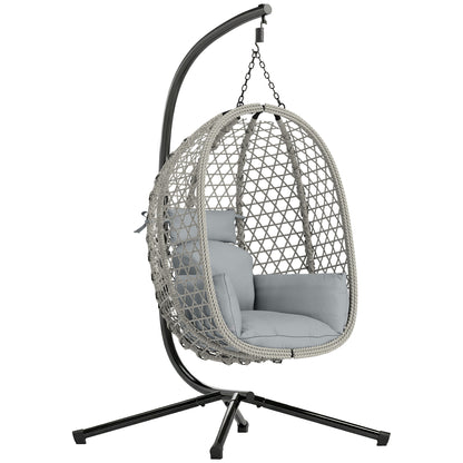 Hanging Egg Chair, Indoor Outdoor Rattan Hammock Swing Chair with Stand, Safety Strap, Foldable Basket