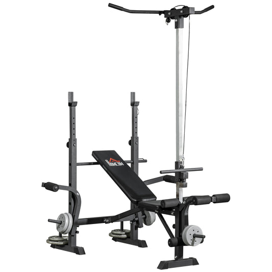 Adjustable Weight Bench with Pulley System, Incline Bench Press Set with Squat Rack, Leg Developer, Butterfly and Weight Storage, for Home Gym Full Body Workout