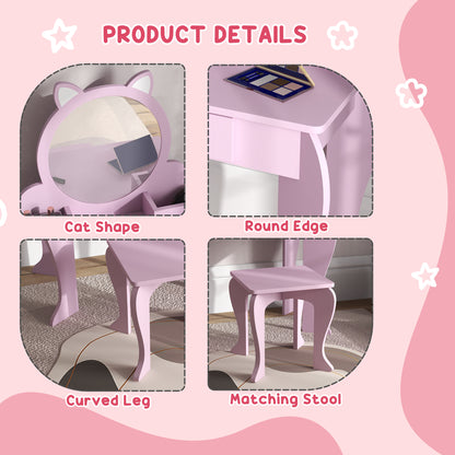 Kids Vanity Table with Mirror, Stool, Drawer, Storage Boxes, Cat Design, for Ages 3-6 Years - Pink