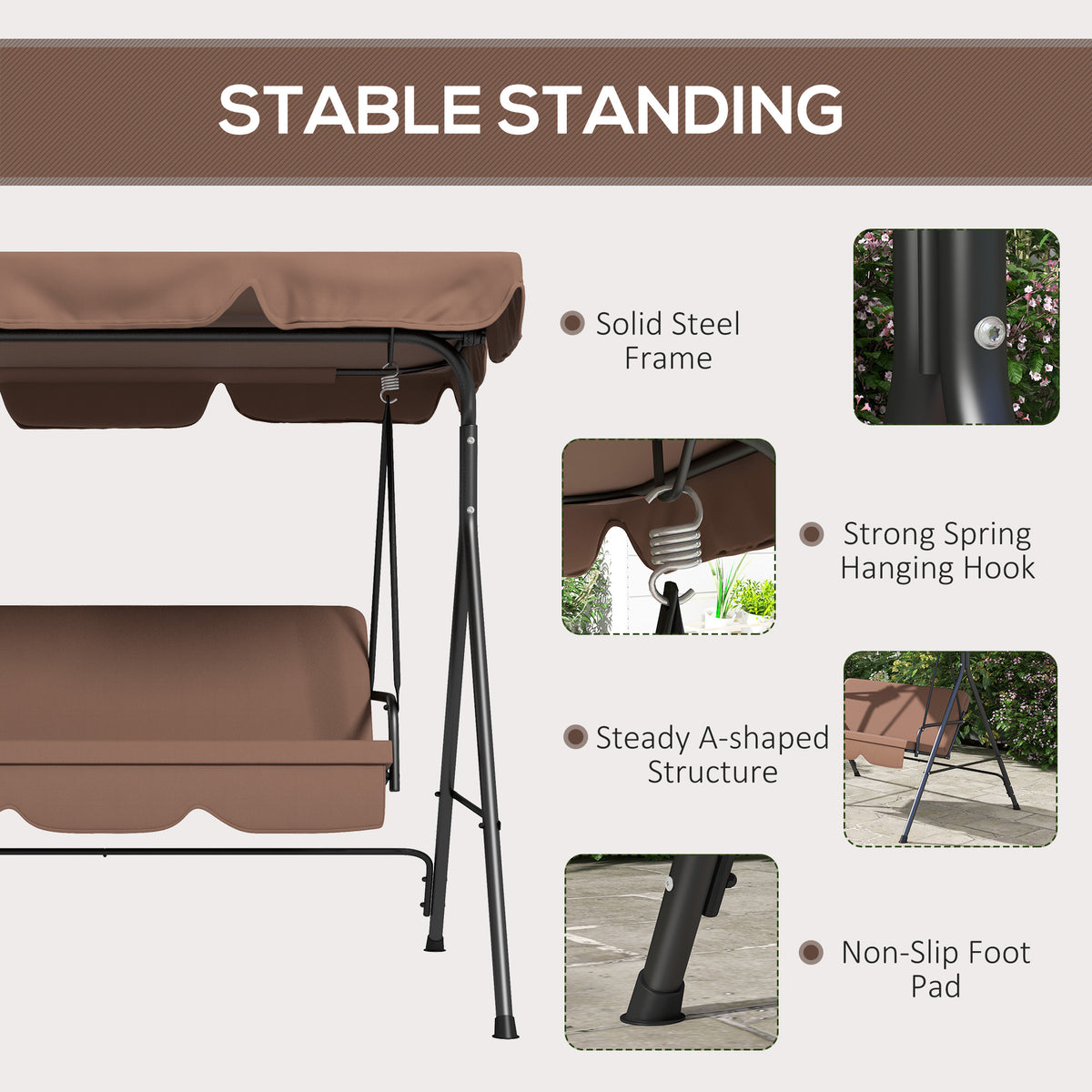 3 Seater Garden Swing Chair, Outdoor Swing Chair with Adjustable Canopy, Mental Frame & Cushions, Brown