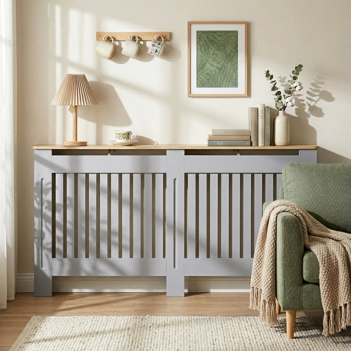 Slatted Radiator Cover, Painted Cabinet with Line Grill Design, 172W × 19D × 81H cm, Grey