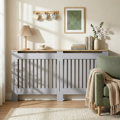 Slatted Radiator Cover, Painted Cabinet with Line Grill Design, 172W × 19D × 81H cm, Grey