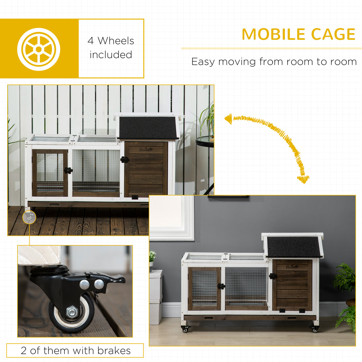 Wooden Rabbit Hutch, Guinea Pig Cage, with Removable Tray, Wheels