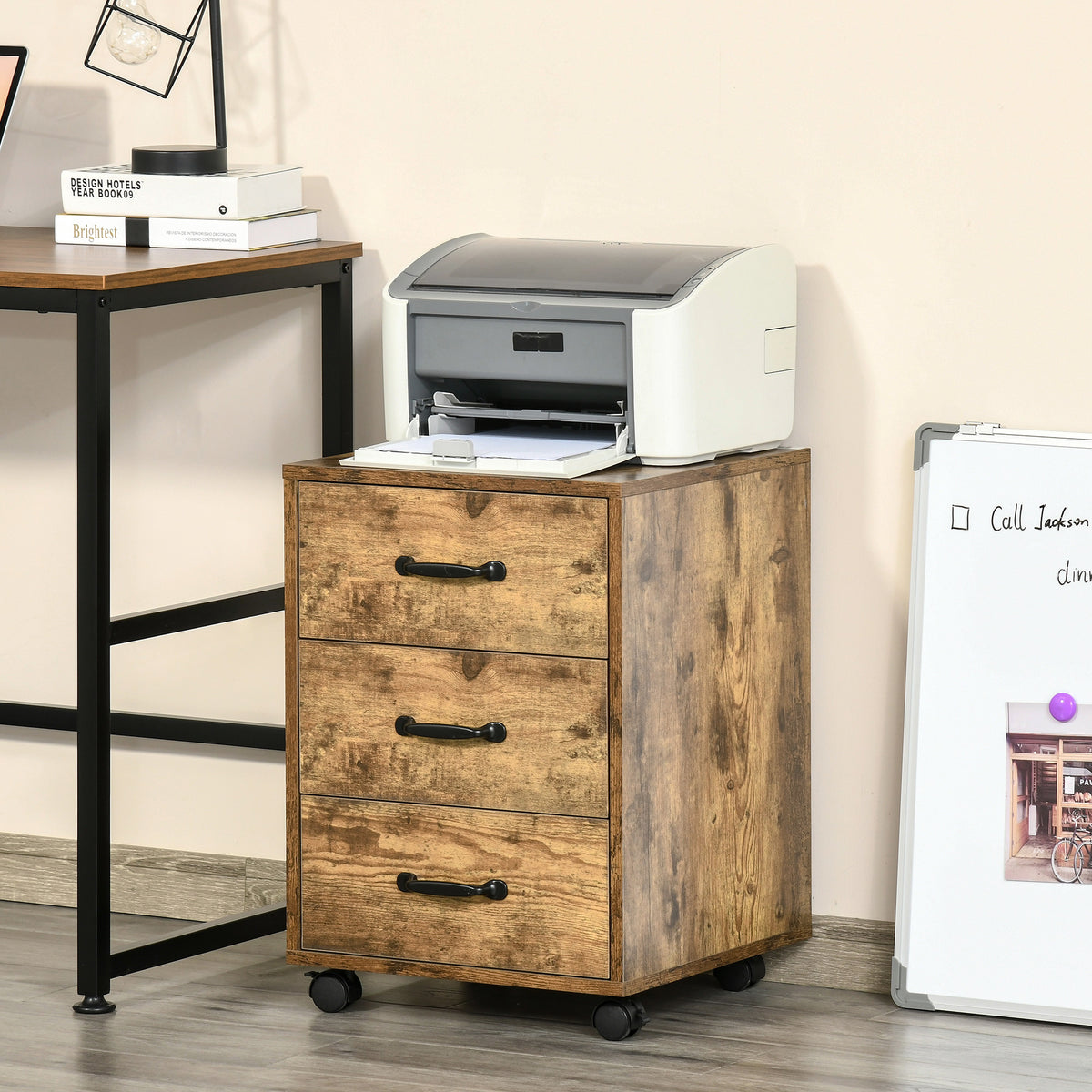 3 Drawer File Cabinet, Mobile Filing Cabinet on Wheels for Home Office, Study, Rustic Brown
