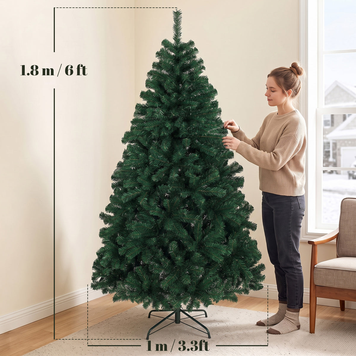 6ft Artificial Christmas Tree, Fir Hinged Xmas Tree with 700 Branch Tips, Foldable Steel Stand, Green
