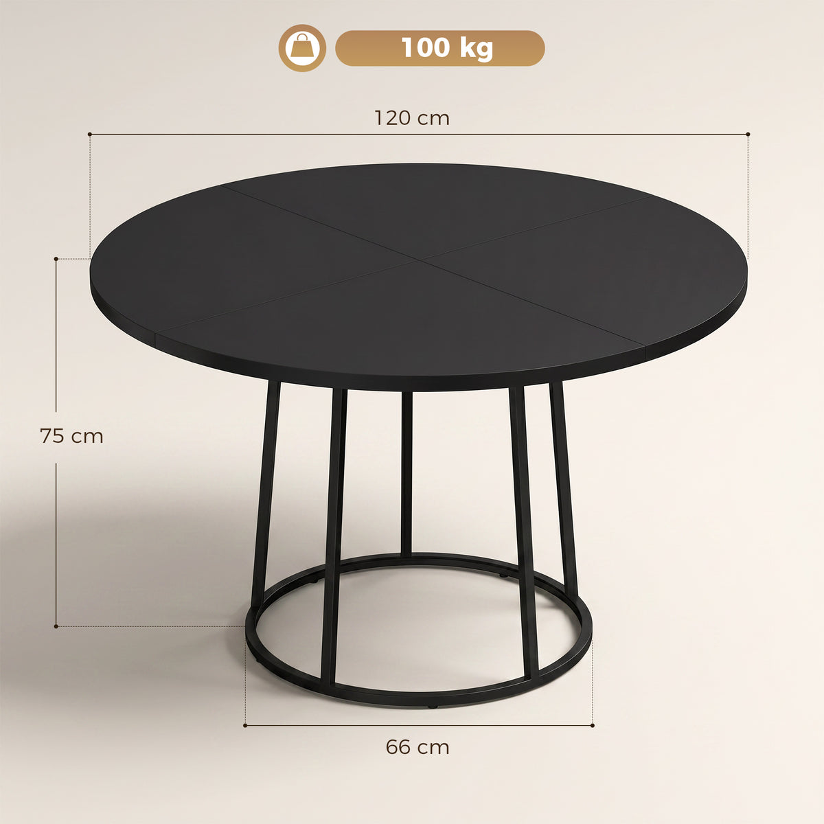 Dining Table Space Saving Kitchen Table Spliced Tabletop Conical Metal Base 120 cm Round Black