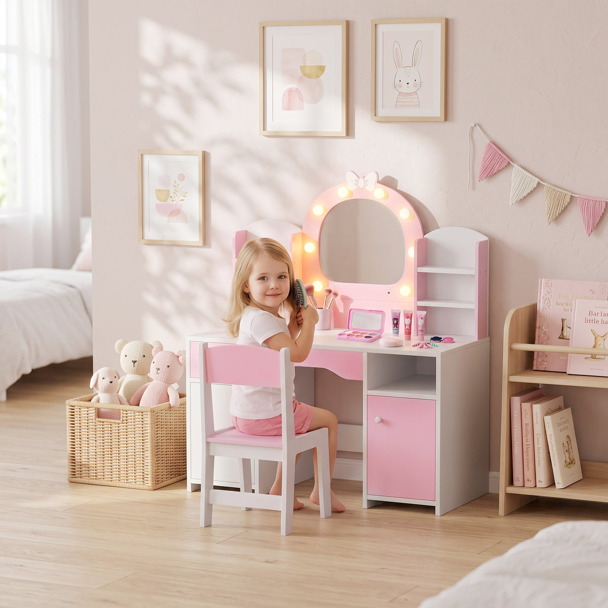 Kids Vanity Set, Kids Dressing Table with Stool, 2-Colour Lights Mirror, Cabinet, Drawer and Shelves, Pink