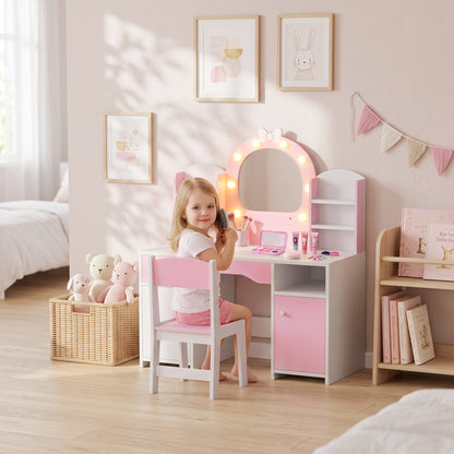 Kids Vanity Set, Kids Dressing Table with Stool, 2-Colour Lights Mirror, Cabinet, Drawer and Shelves, Pink