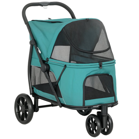 Dog Stroller, 3 Wheels Pet Stroller with Dual Entry, Easy One-Click Quick Fold, Mesh Windows